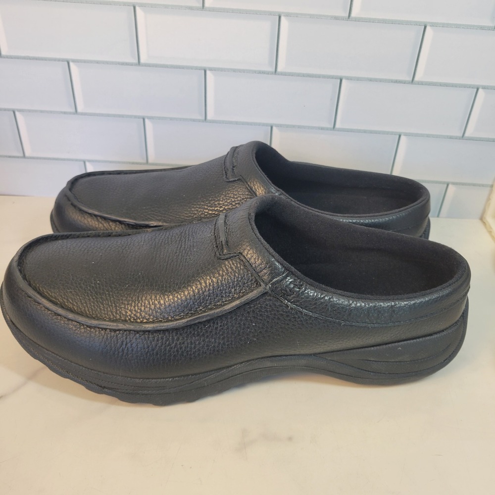 LL Bean Comfort Mules Mens Sz 13 Med Black Pebbled Leather Slip On Fleece Lined